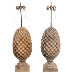 Pair of Carved Wood Pineapple Lamps