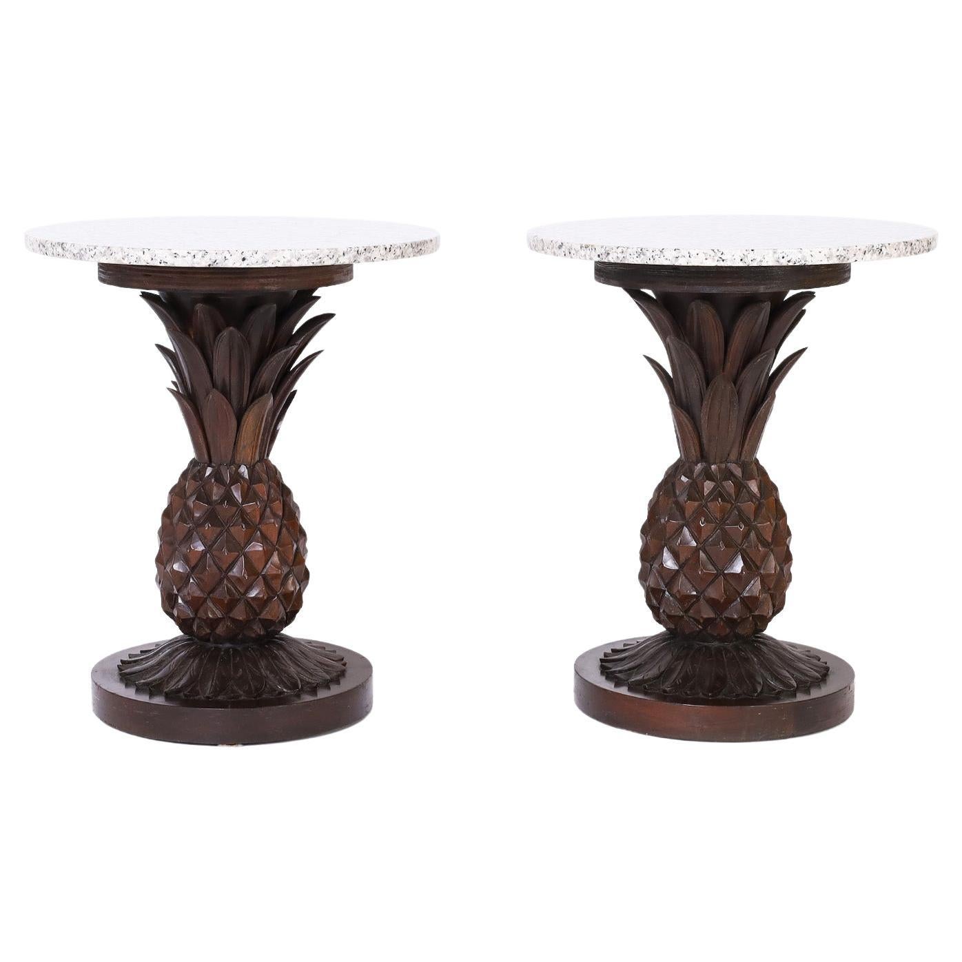 Pair of Carved Wood Pineapple Stands For Sale