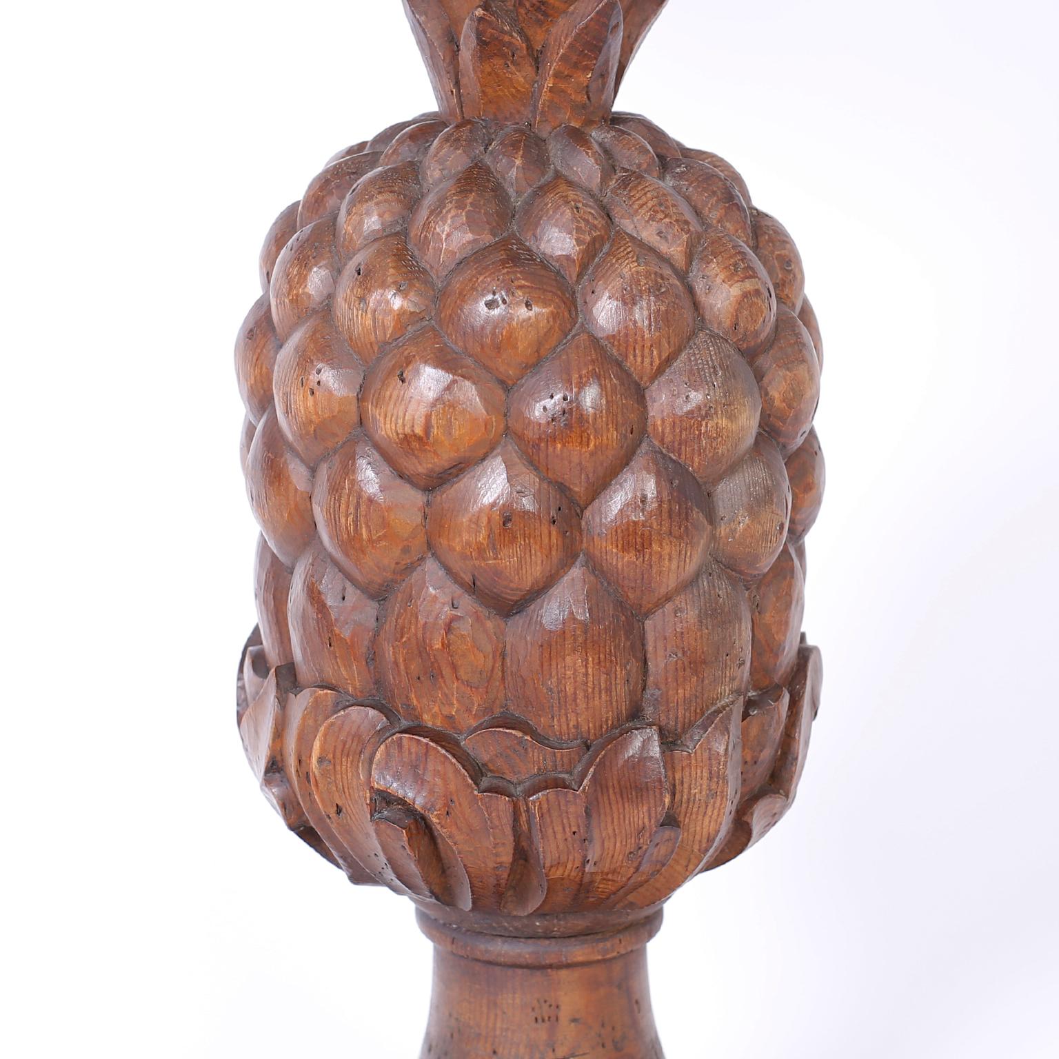 British Colonial Pair of Carved Wood Pineapple Table Lamps