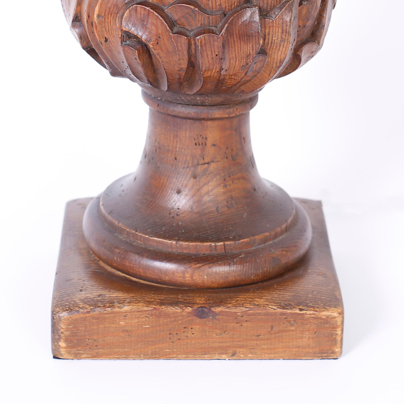 American Pair of Carved Wood Pineapple Table Lamps