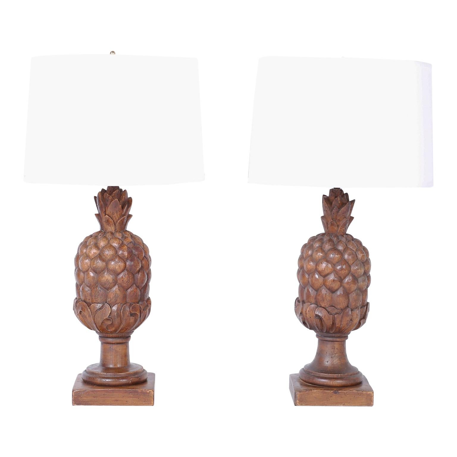 Pair of Carved Wood Pineapple Table Lamps