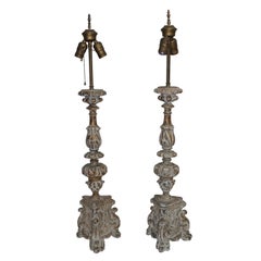 Pair of Carved Wood Pricket Candlestick Lamps, French 18th Century, circa 1780