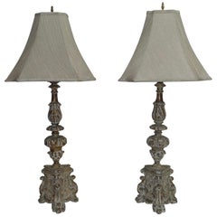Pair of Carved Wood Pricket Candlestick Lamps, French 18th Century, circa 1780