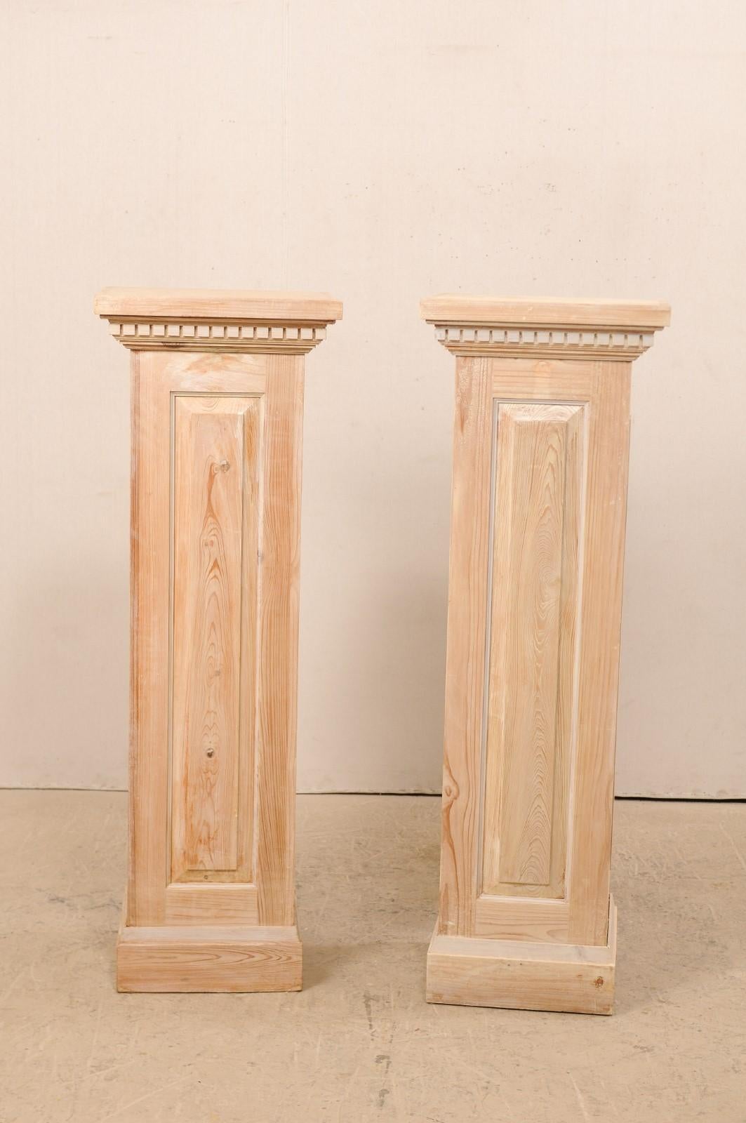 American Pair of Carved Wood Squared Pedestal Columns For Sale
