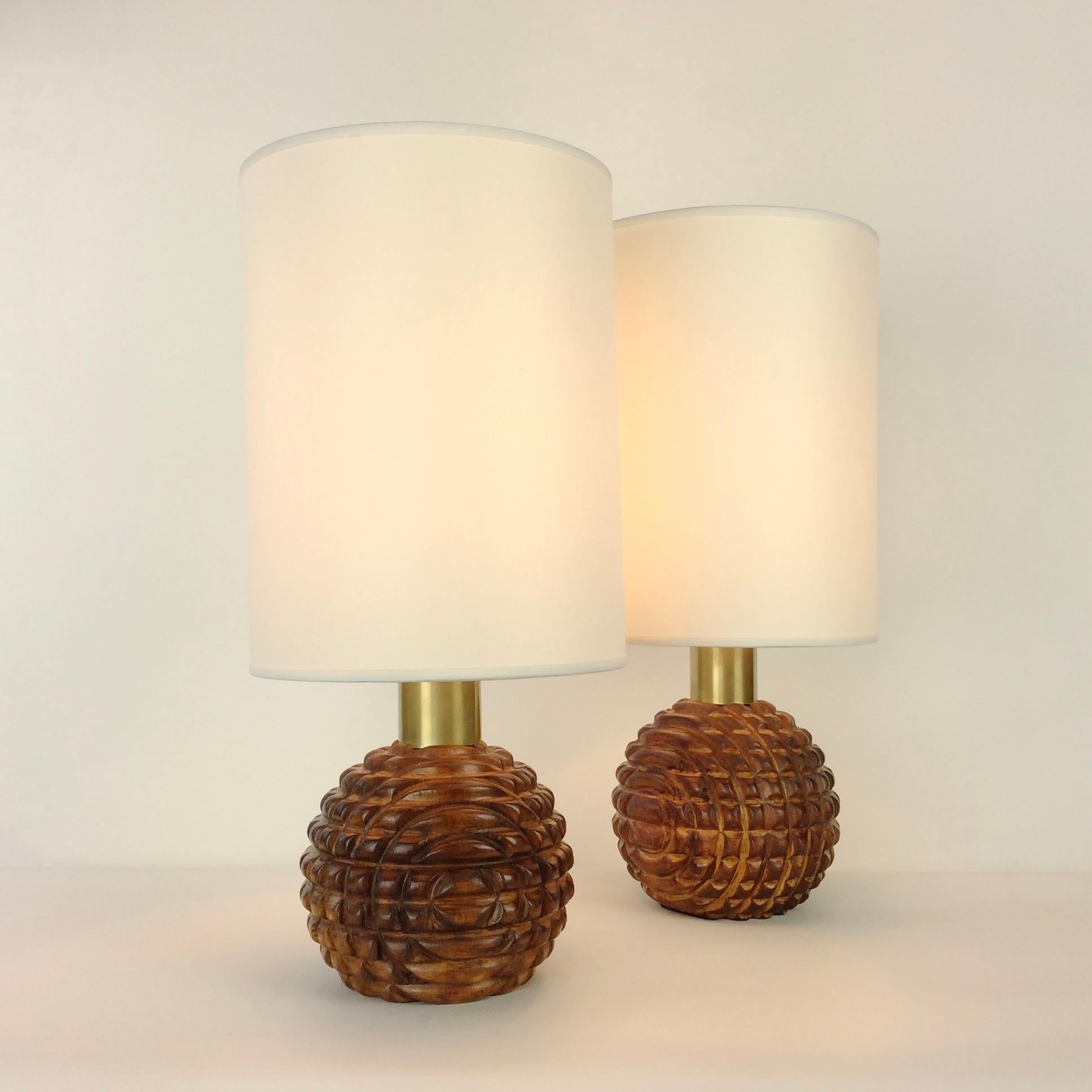 Late 20th Century Pair of Carved Wood Table Lamps, circa 1970, Italy