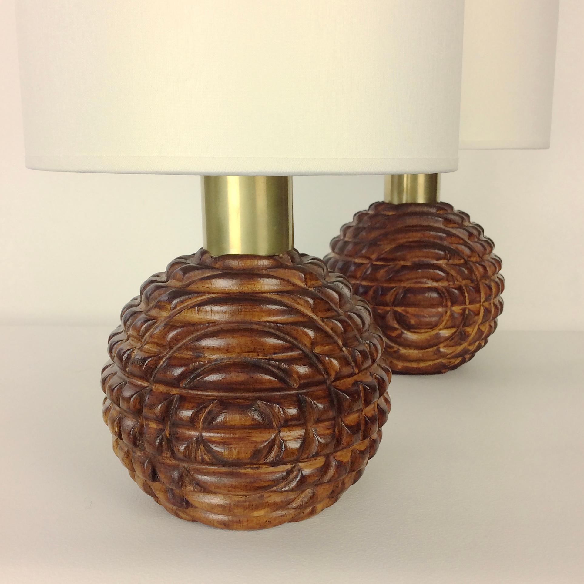 Brass Pair of Carved Wood Table Lamps, circa 1970, Italy