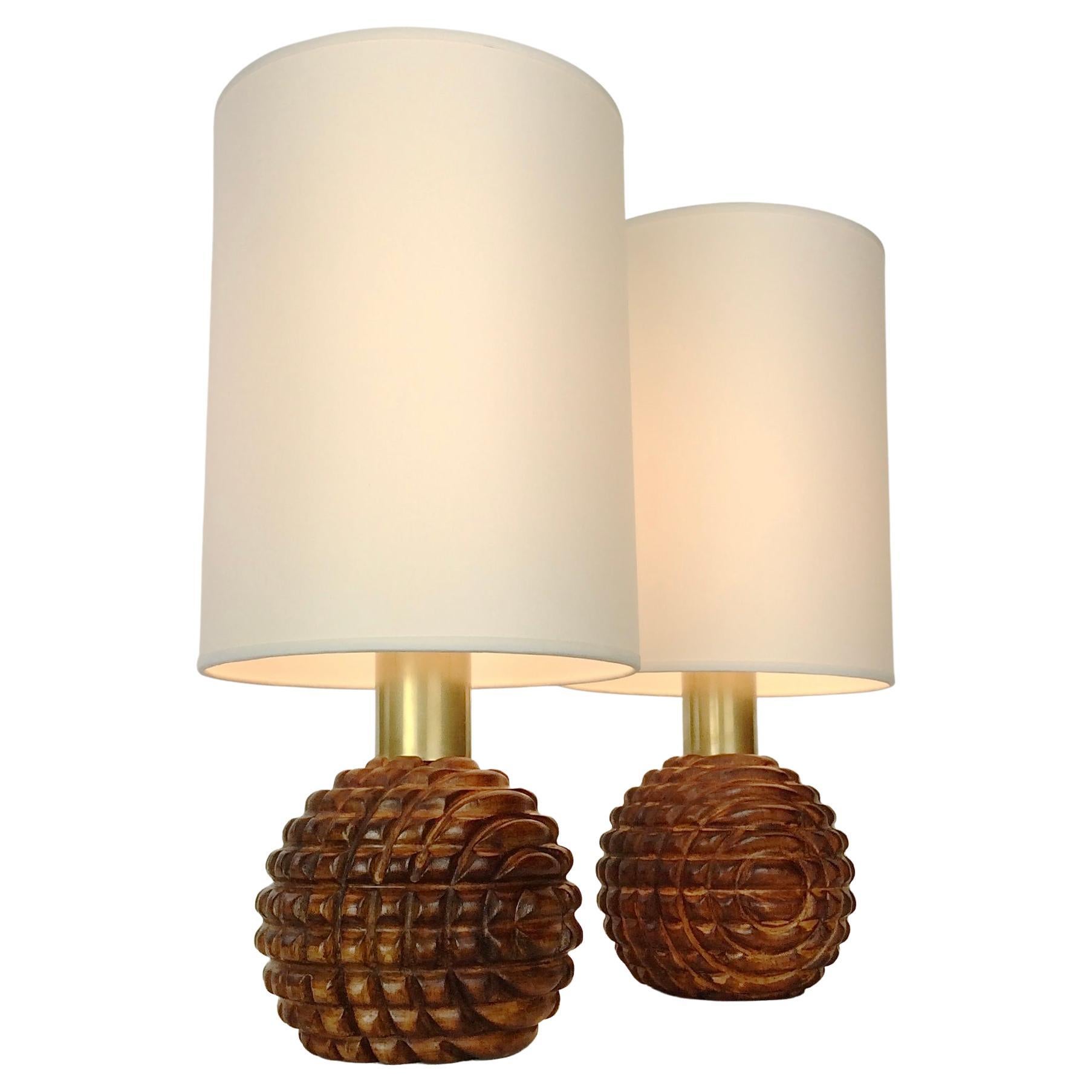 Mid-Century Modern Pair of Carved Wood Table Lamps, circa 1970, Italy