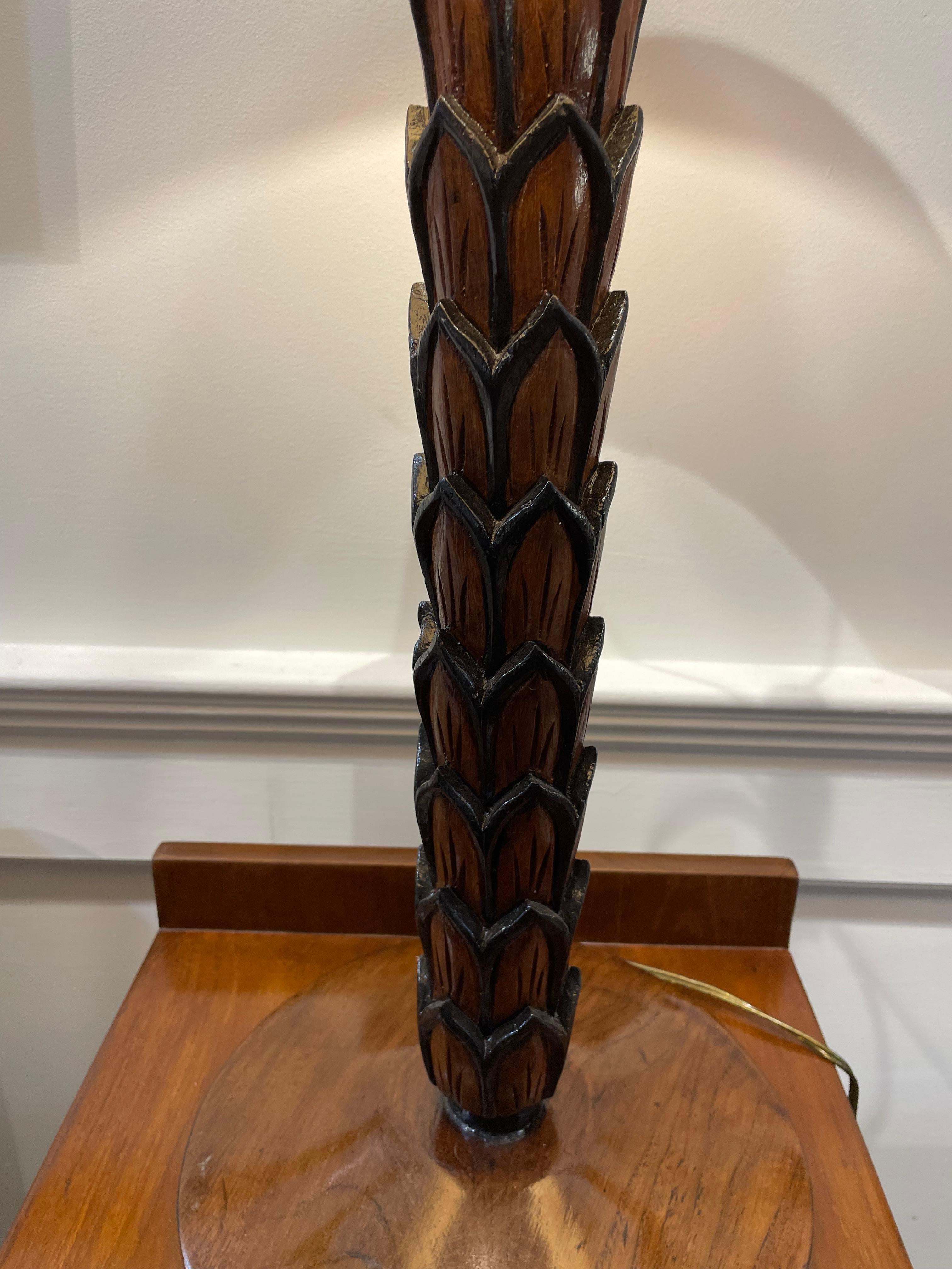 Pair of Carved Wood Table Lamps in a Palm Motif with Pleated Shade In Good Condition For Sale In Nantucket, MA