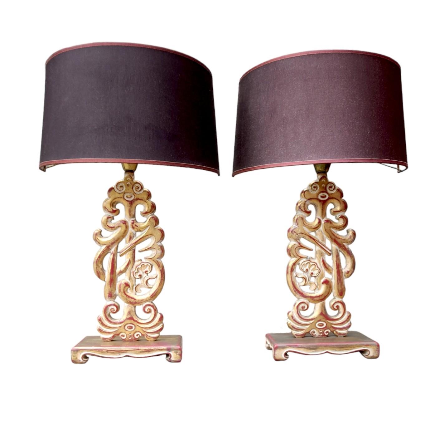 Pair of Carved Wood Table Lamps Style Oriental For Sale 5