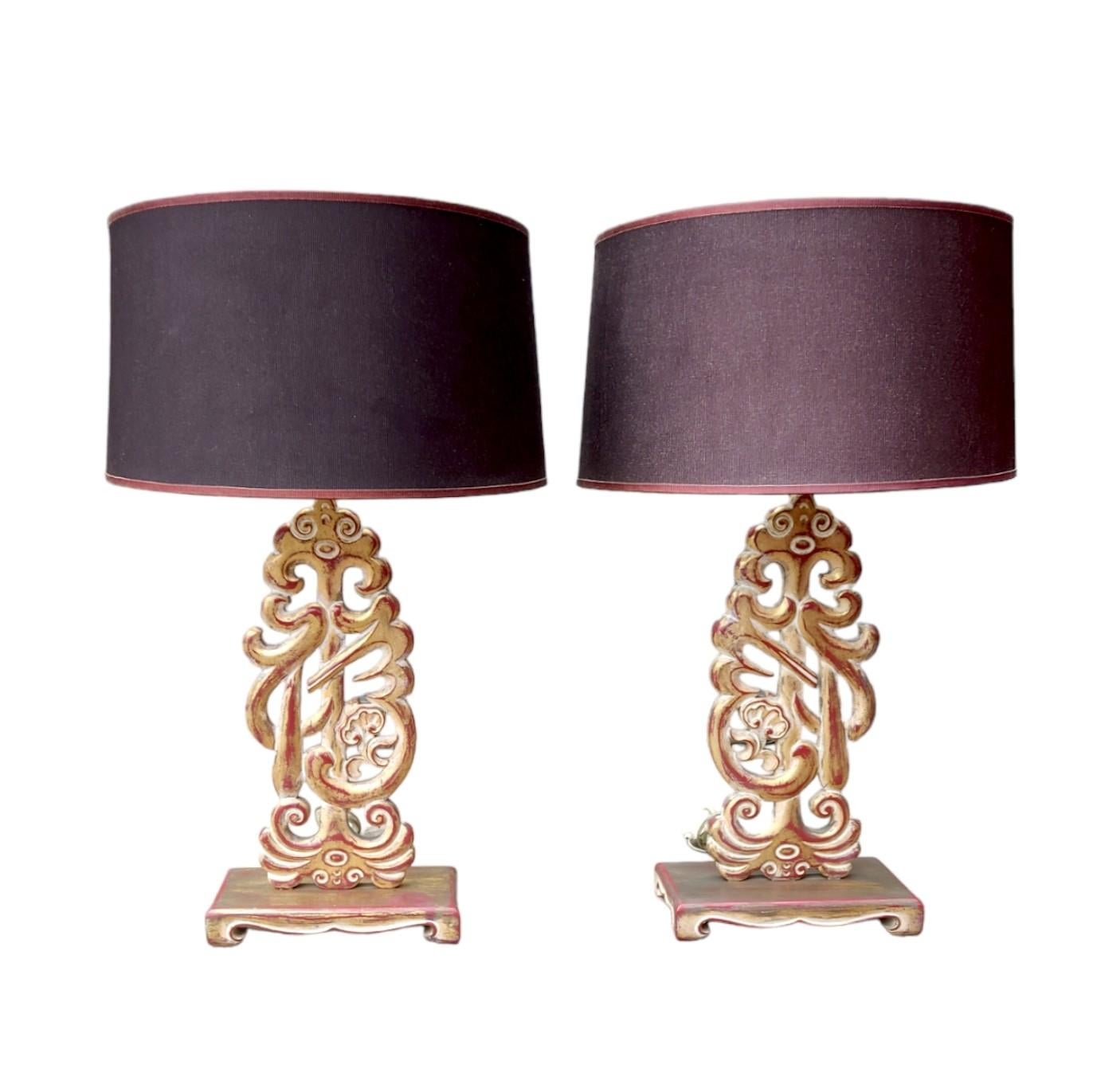 Pair of Carved Wood Table Lamps Style Oriental For Sale 6