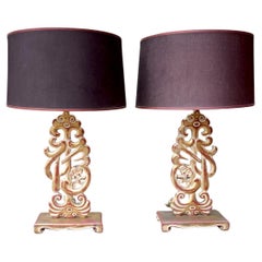 Retro Pair of Carved Wood Table Lamps Style Oriental