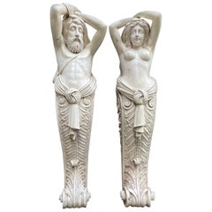 Pair of Carved-Wood Terms, Featuring Male and Female, Early 20th Century
