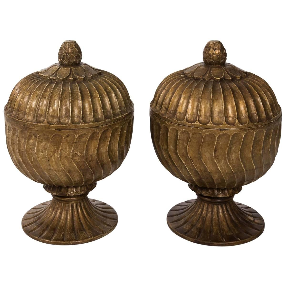 Pair of Vintage Regency Carved Wood Lidded Urns, circa 1950 For Sale at 1stDibs
