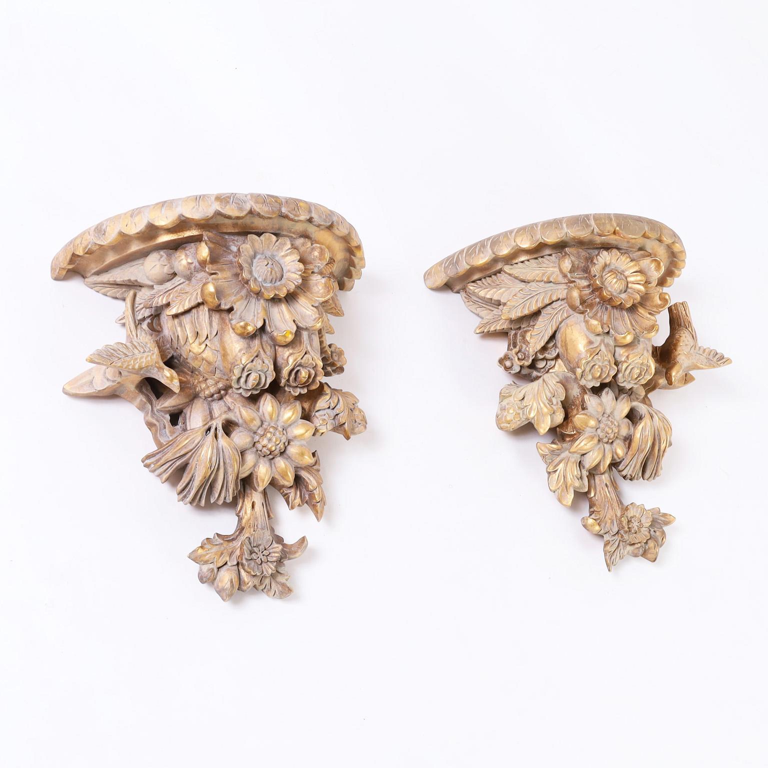 Rococo Pair of Carved Wood Wall Brackets