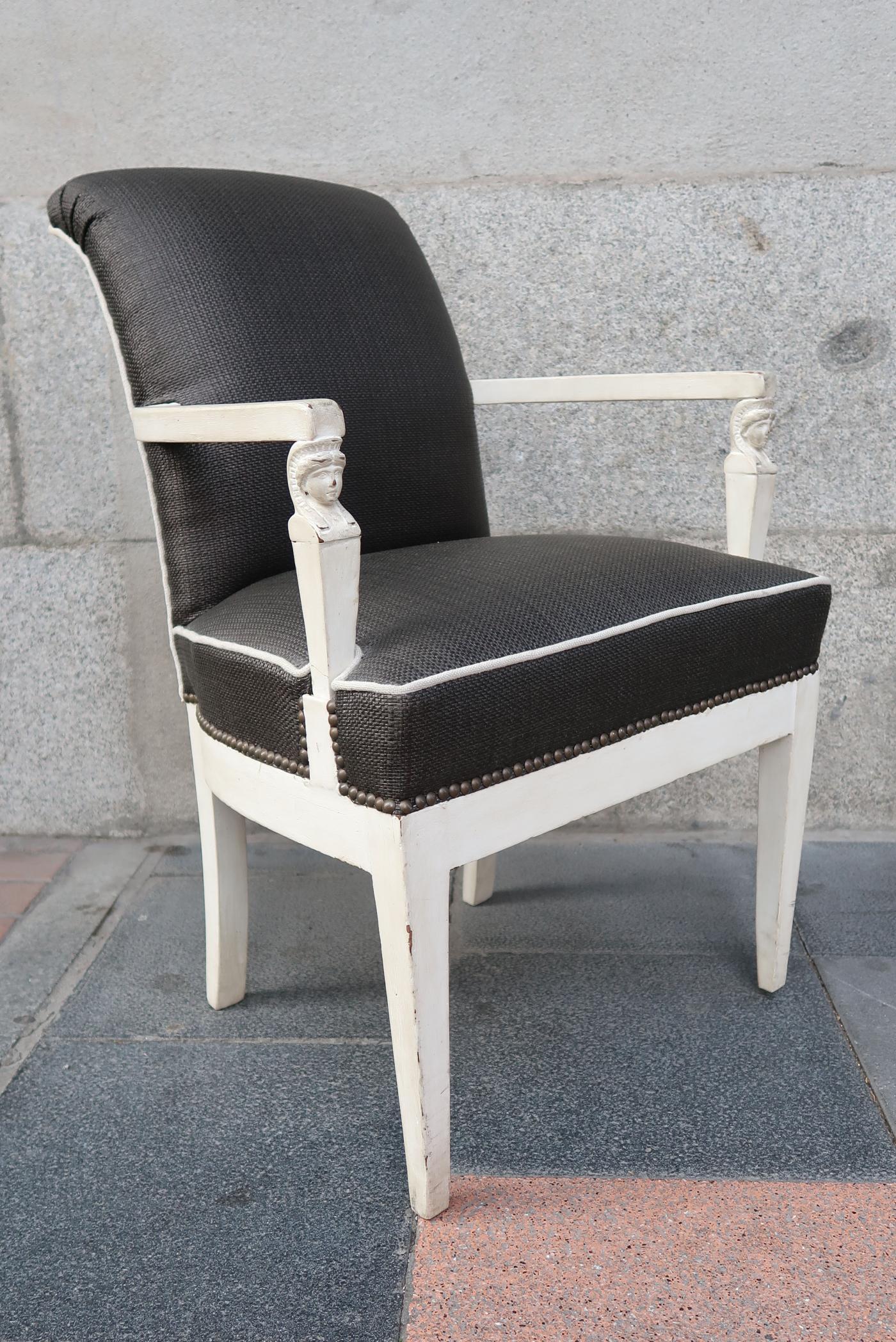 Mid-Century Modern Pair of Carved Wood, White Lacquered and Raffia Chairs, France, 1940 For Sale