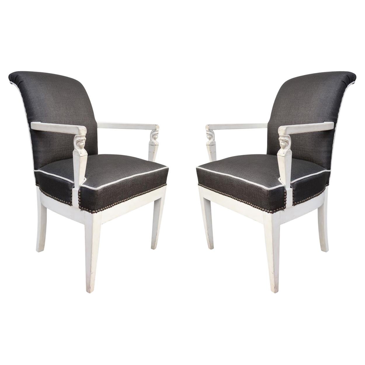 Pair of Carved Wood, White Lacquered and Raffia Chairs, France, 1940 For Sale