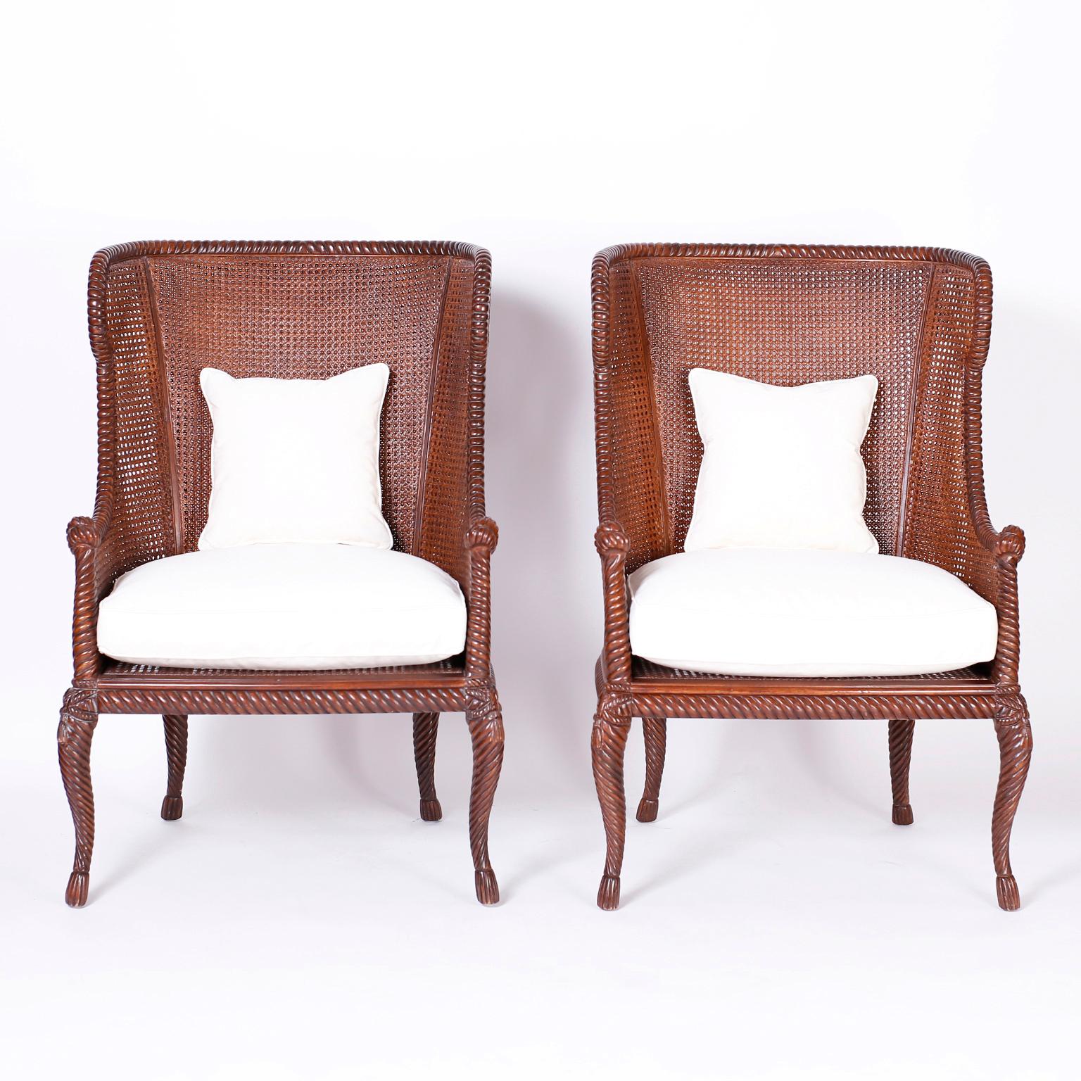 Louis XV Pair of Carved Wood Wingback Rope and Tassel Armchairs