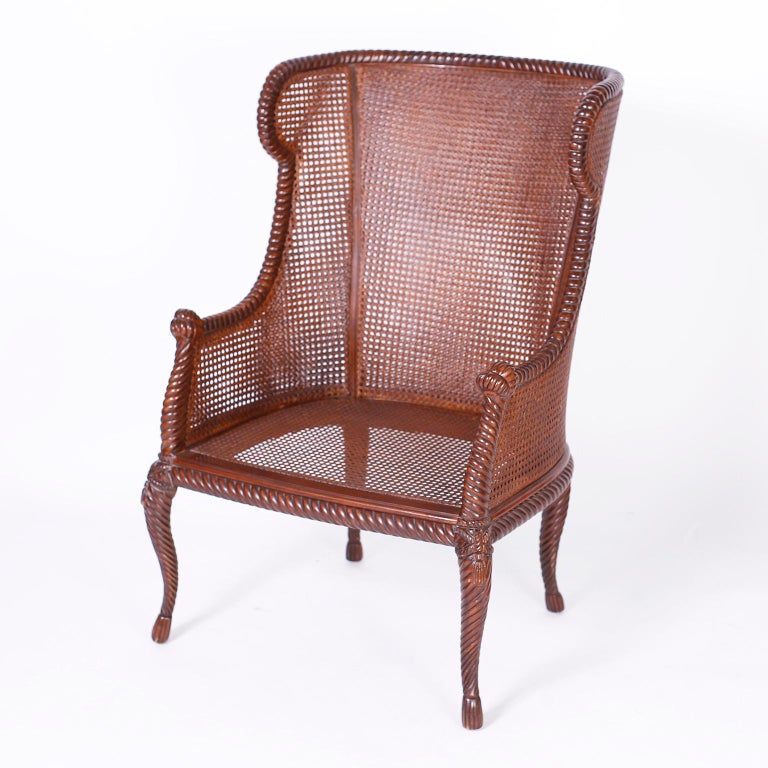 Pair of Carved Wood Wingback Rope and Tassel Armchairs at 1stDibs