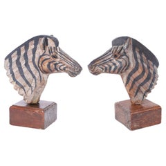 Vintage Pair of Carved Wood Zebra Heads