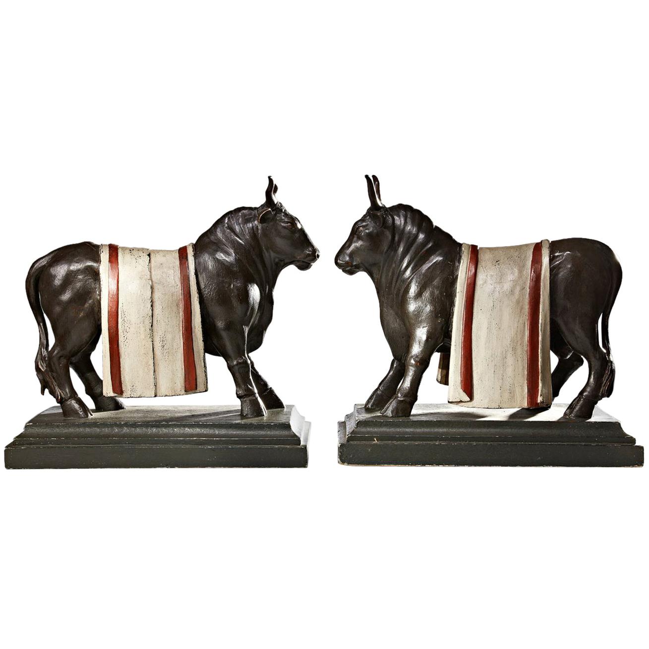 Pair of Carved Wooden Bull Sculptures Europe Circa 1840