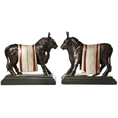 Pair of Carved Antique Wooden Bull Sculptures Europe Circa 1840