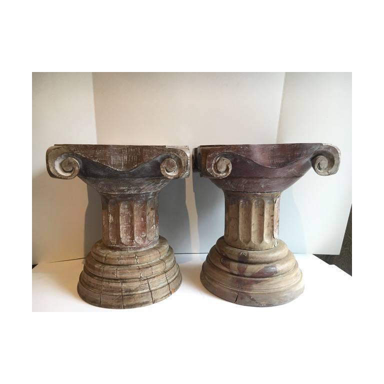 Folk Art Pair of Carved Wooden Column Sculptural Pedestals Tables