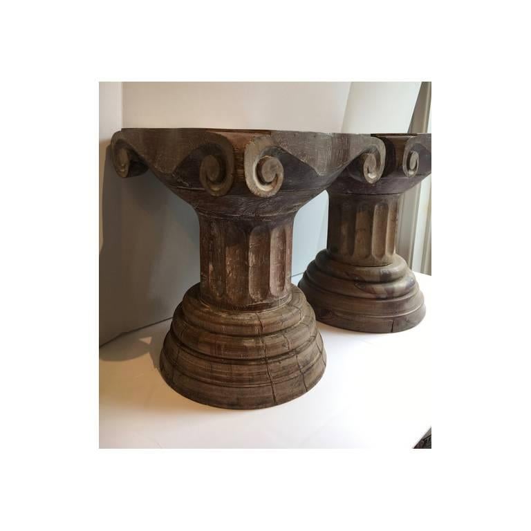 20th Century Pair of Carved Wooden Column Sculptural Pedestals Tables