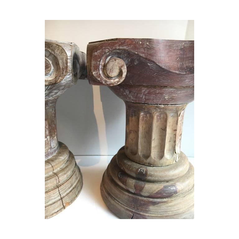 Pair of Carved Wooden Column Sculptural Pedestals Tables 1