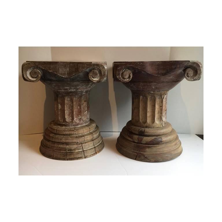 Pair of Carved Wooden Column Sculptural Pedestals Tables 3
