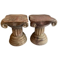 Pair of Carved Wooden Column Sculptural Pedestals Tables