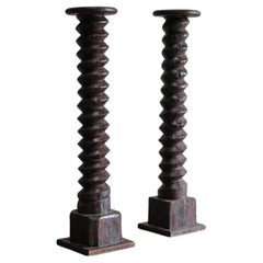 Used Pair of carved wooden columns / wine press screws, French objects 