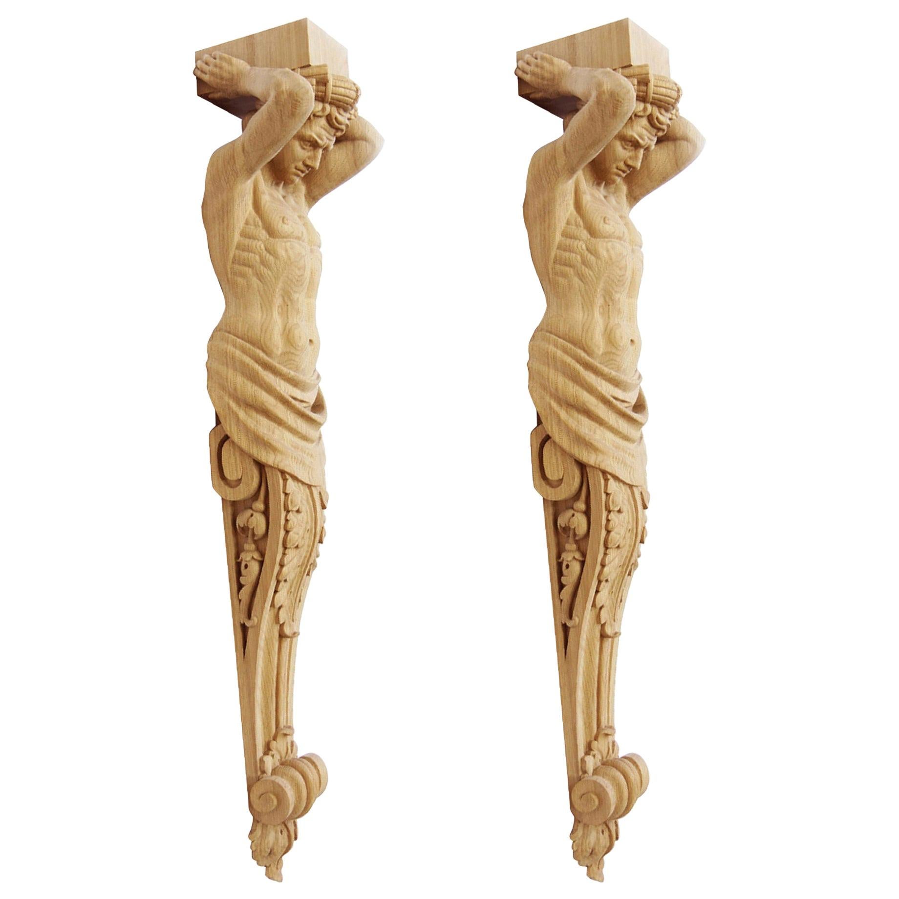 Pair of Carved Wooden Corbels "Atlant" For Sale