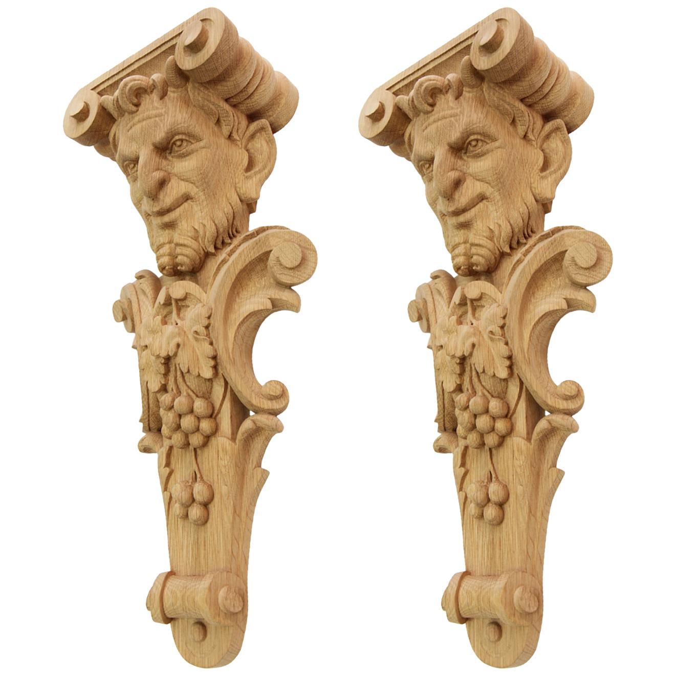 Pair of Carved Wooden Corbels with the head of Bacchus For Sale