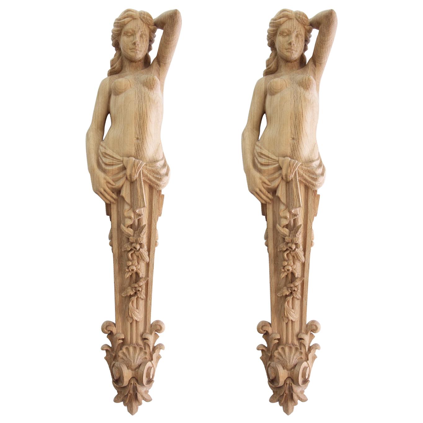 Pair of Carved Wooden Corbels "Caryatid" For Sale