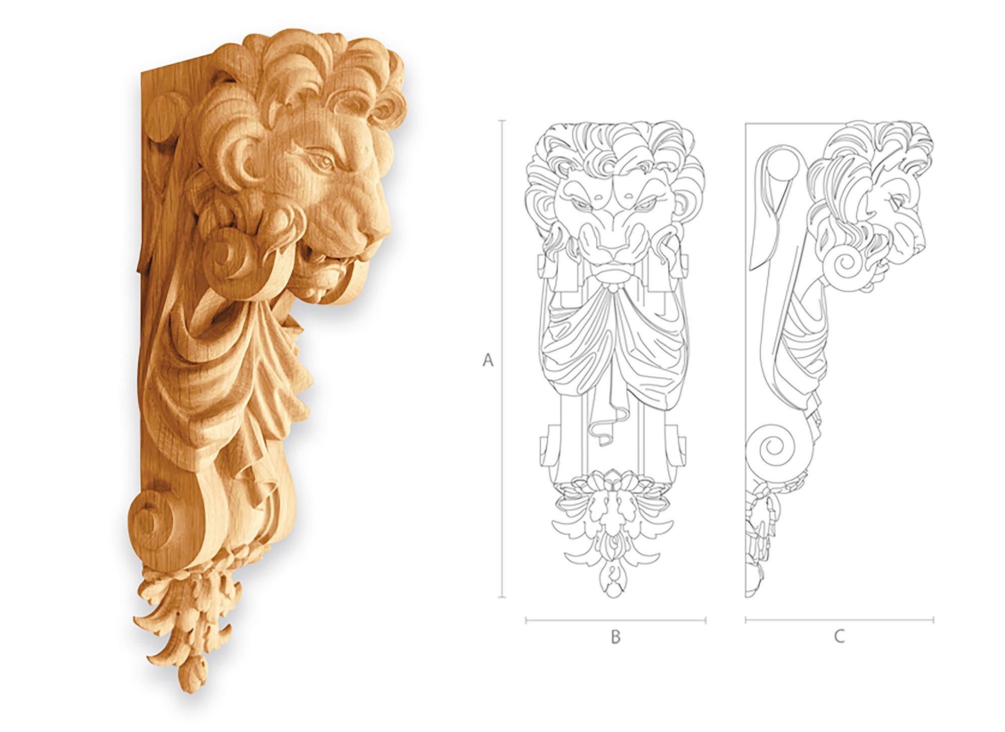 The pair of high-quality unfinished carved wooden corbels lion from oak or beech of your choice.

>> SKU: KR-034

>> Dimensions (A x B x C):

1) 9.33