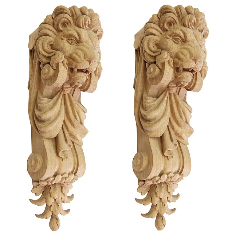 Pair of Carved Wooden Corbels "Lion" For Sale at 1stDibs
