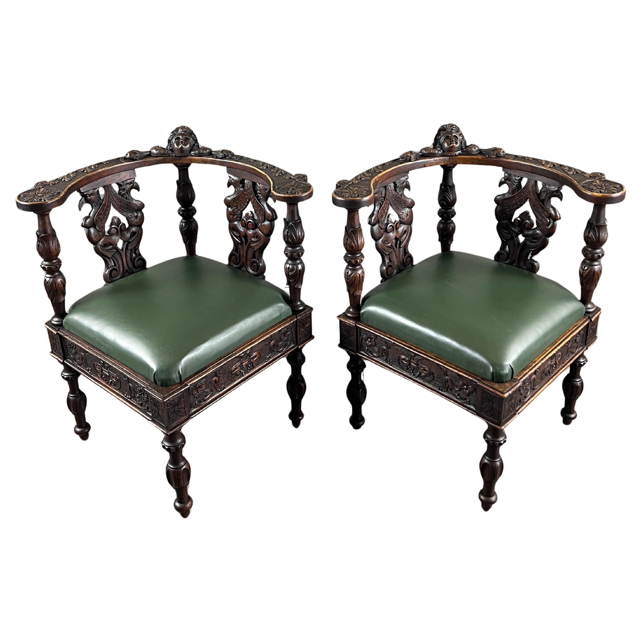 Antique Renaissance Corner Armchairs, Carved Wood & Green Leather