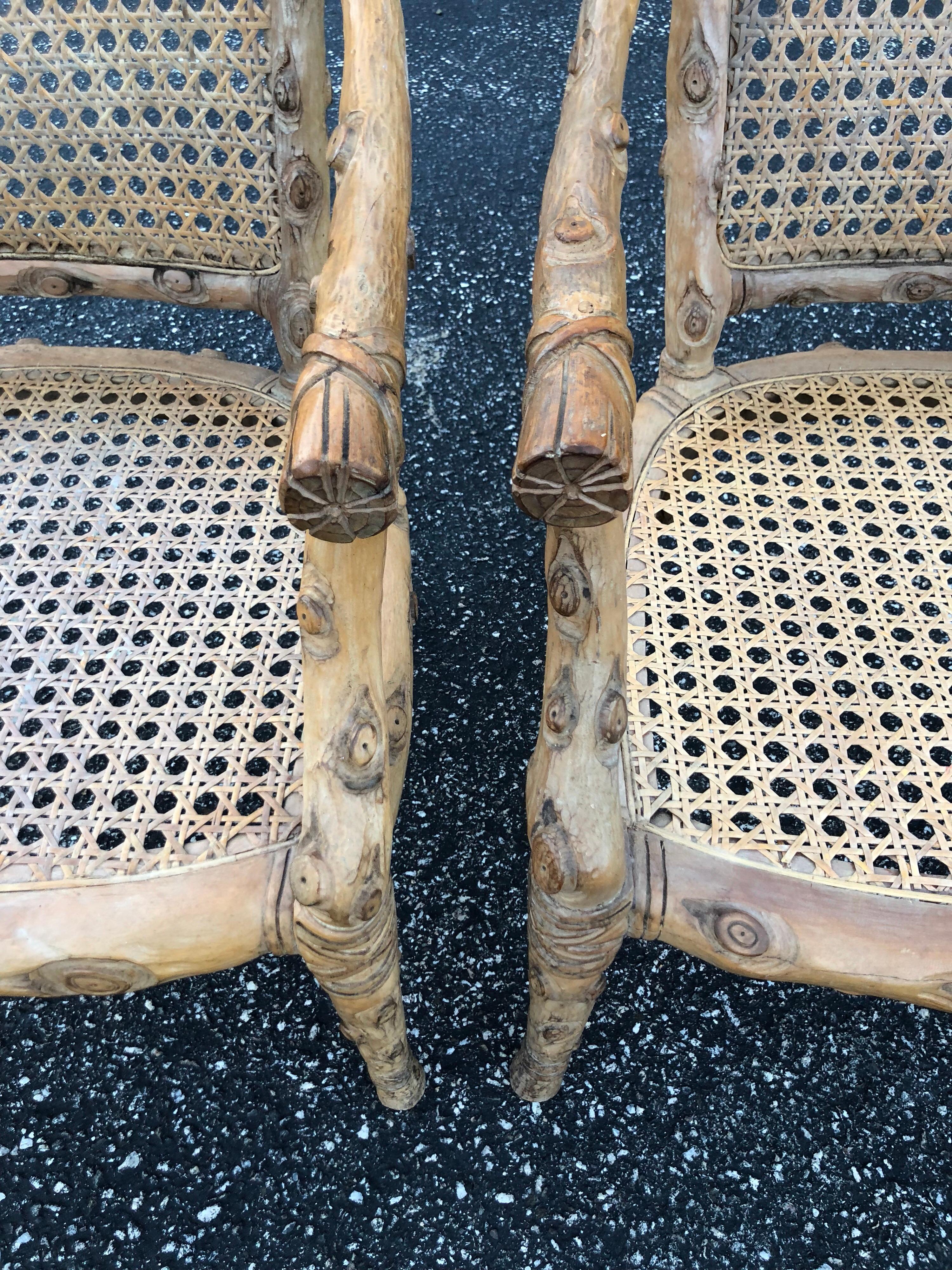 Pair of Hand Carved Wooden Faux Bois Armchairs 6