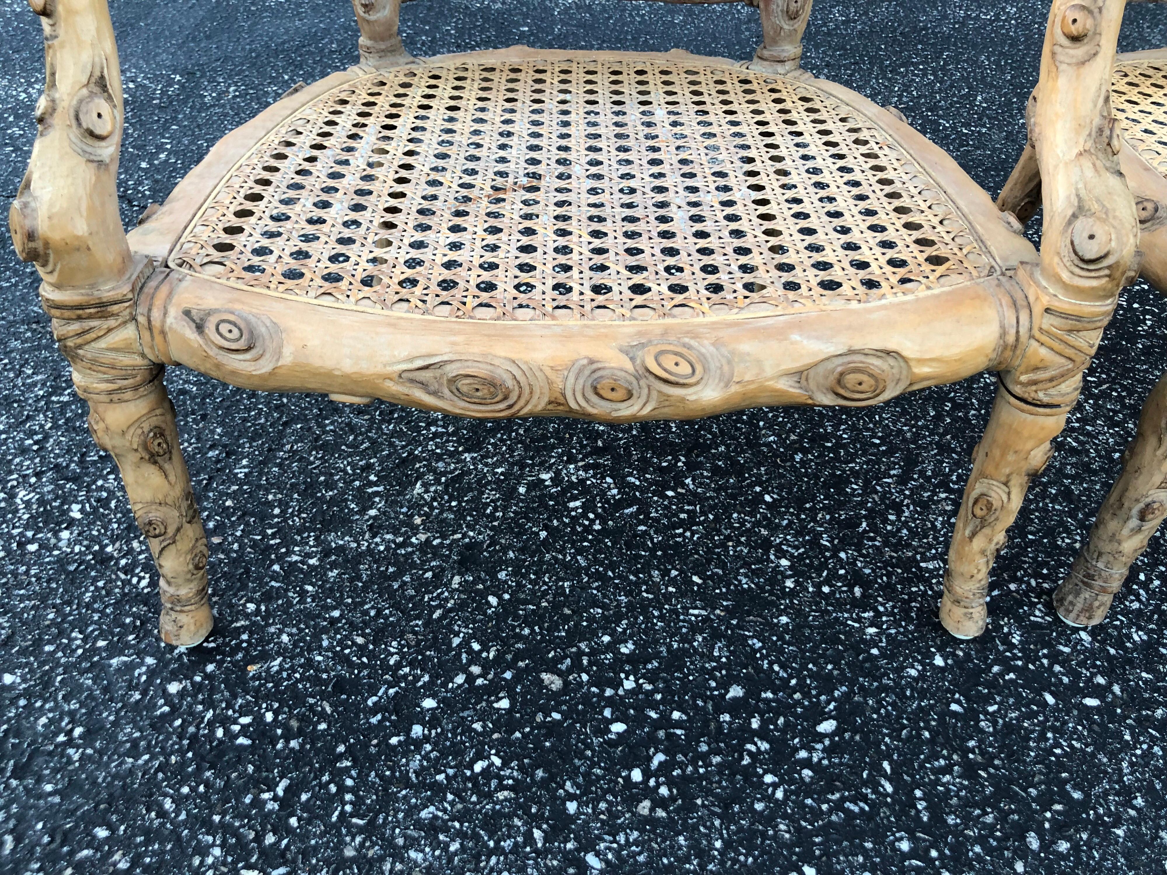 Pair of Hand Carved Wooden Faux Bois Armchairs 10