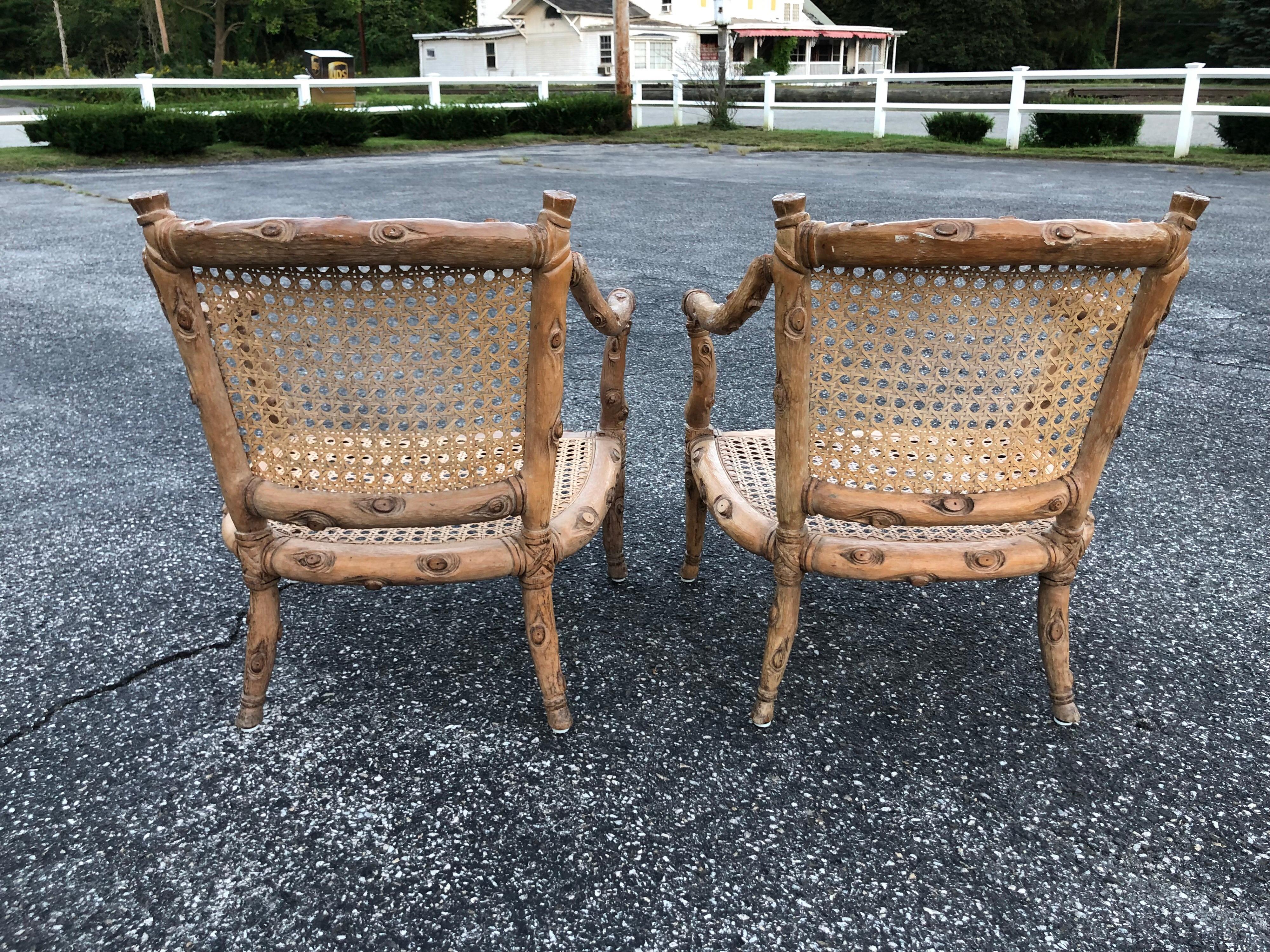 Pair of Hand Carved Wooden Faux Bois Armchairs 12