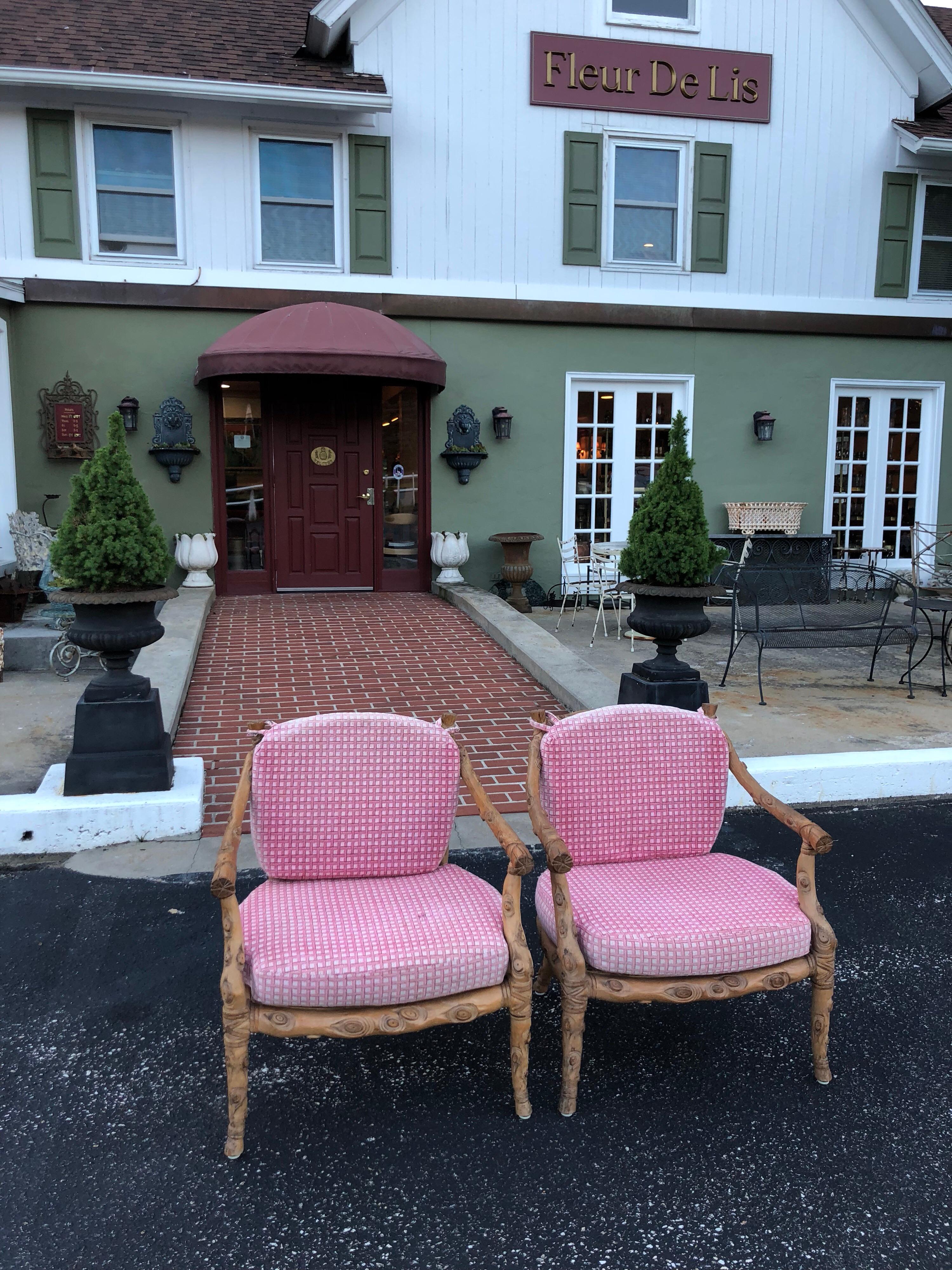 Pair of Hand Carved Wooden Faux Bois Armchairs In Fair Condition In Redding, CT
