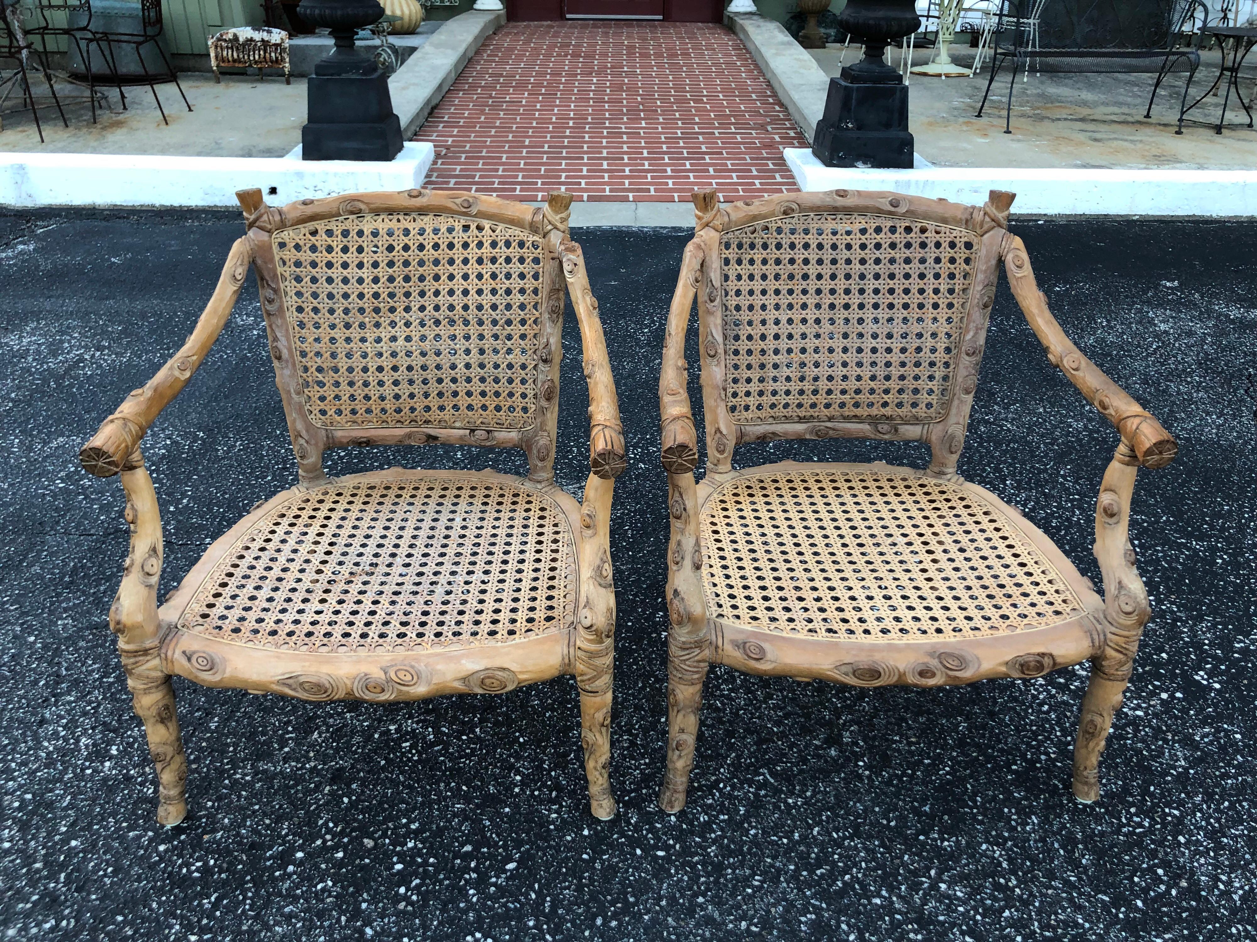 Pair of Hand Carved Wooden Faux Bois Armchairs 2