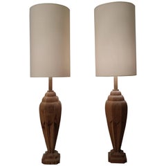 Pair of Carved Wooden Lamps with Lampshade, circa 1930-1940