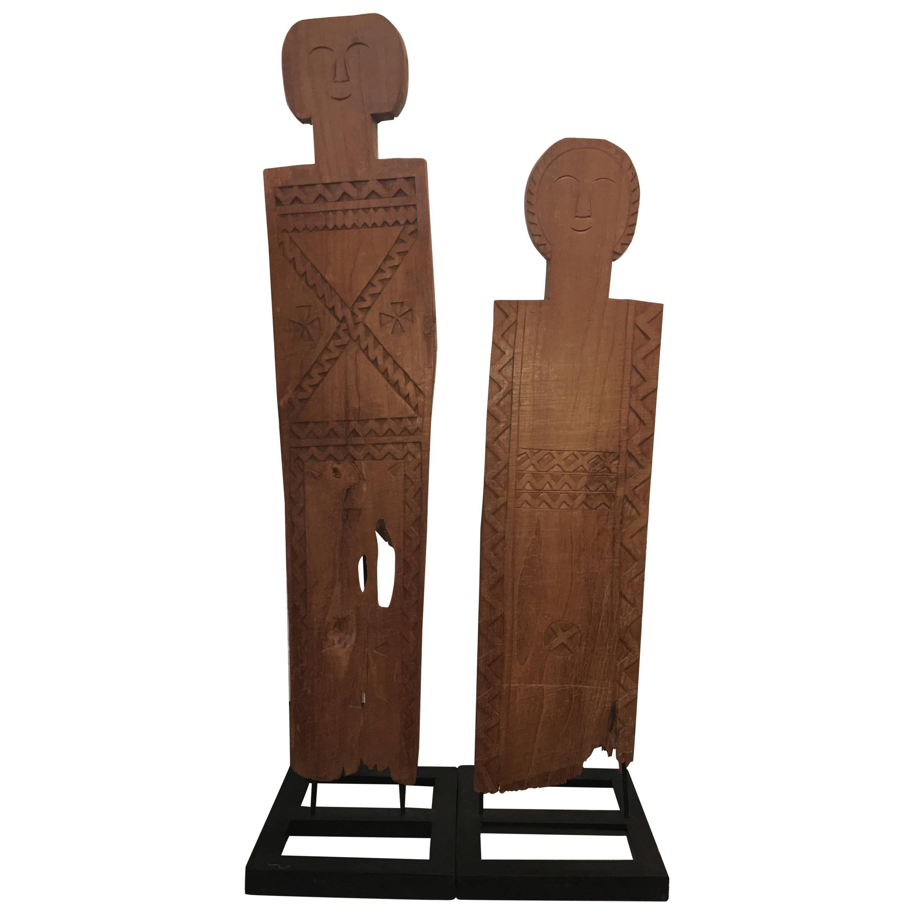 Pair of Carved Wooden Midcentury Sculptures
