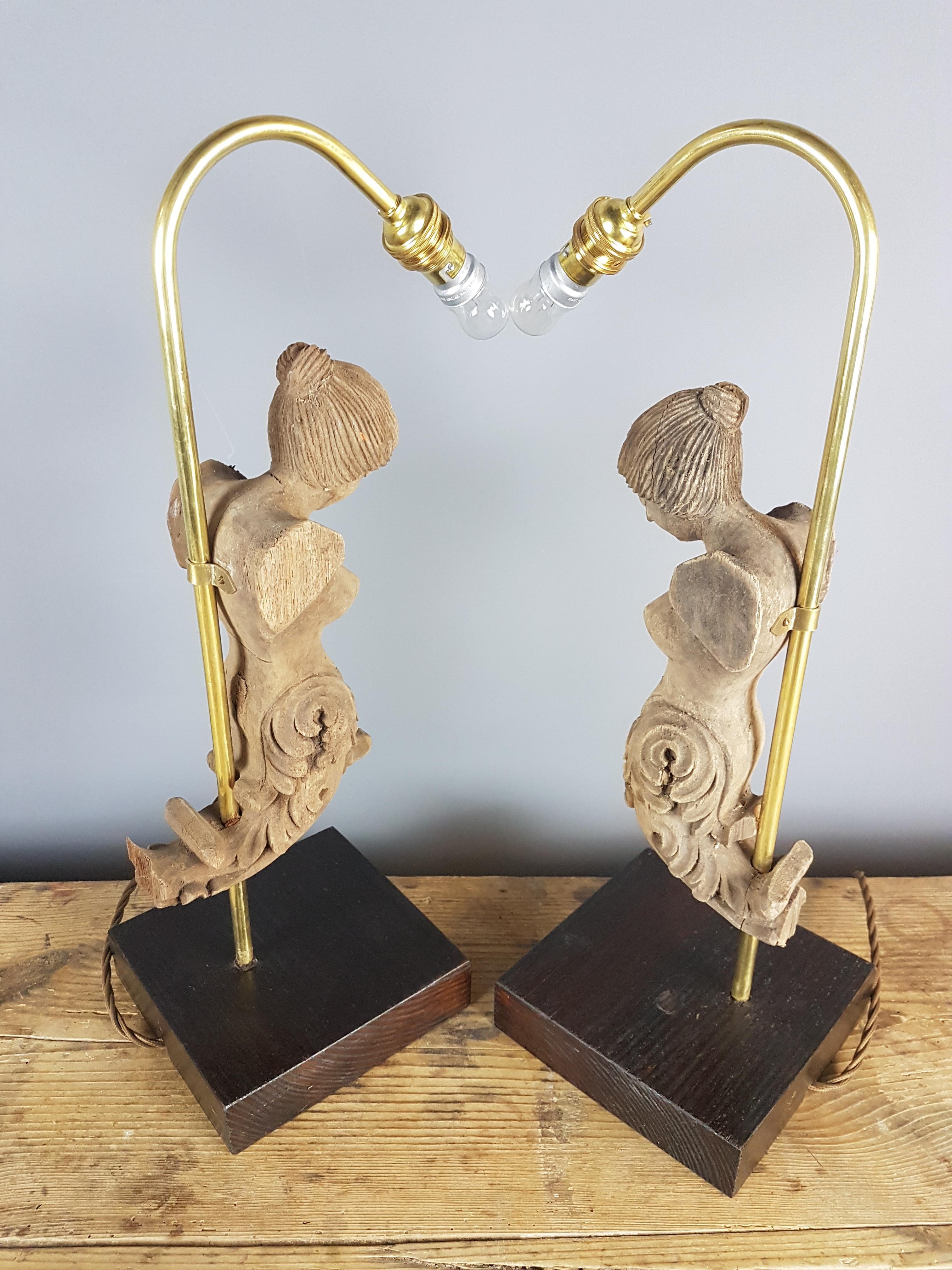 Pair of Mid-20th Century Carved Wooden Mold Form Table Lamps In Distressed Condition For Sale In Bodicote, Oxfordshire
