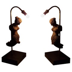 Pair of Mid-20th Century Carved Wooden Mold Form Table Lamps