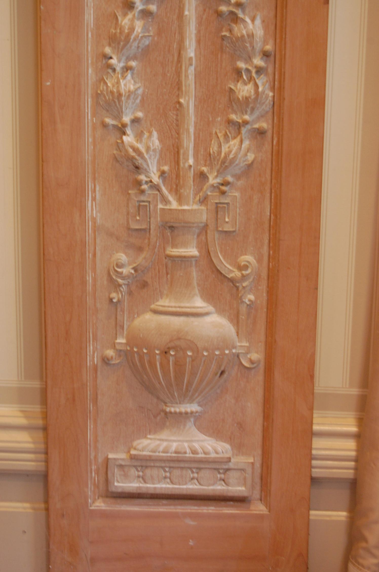 Carved Wooden Pilasters Featuring Classic Urns with Intertwining Branches, Pair For Sale 7