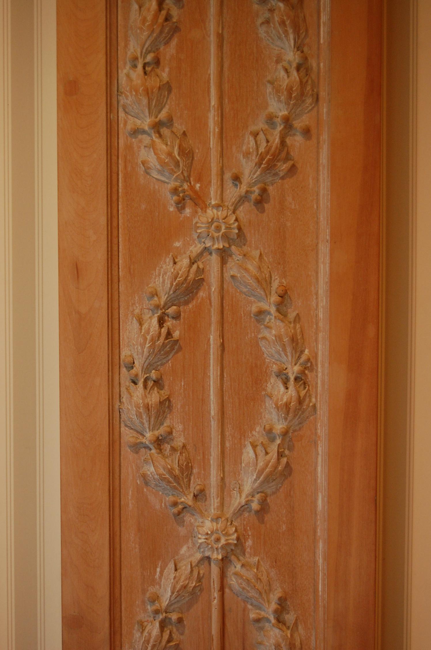 Hand-Carved Carved Wooden Pilasters Featuring Classic Urns with Intertwining Branches, Pair For Sale