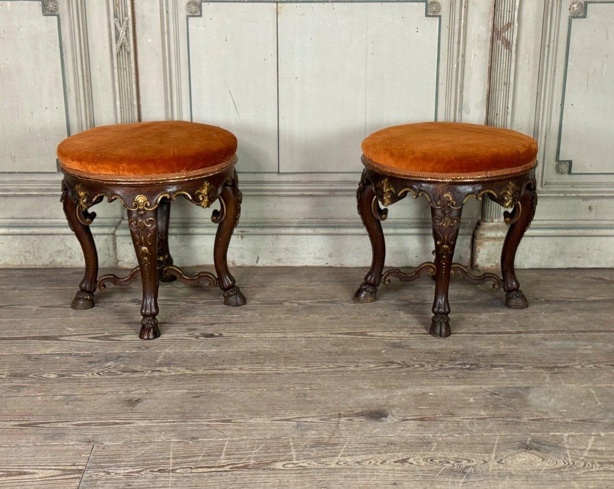 French Pair of carved wooden stools, circa 1900, marked F. Morin, Florence