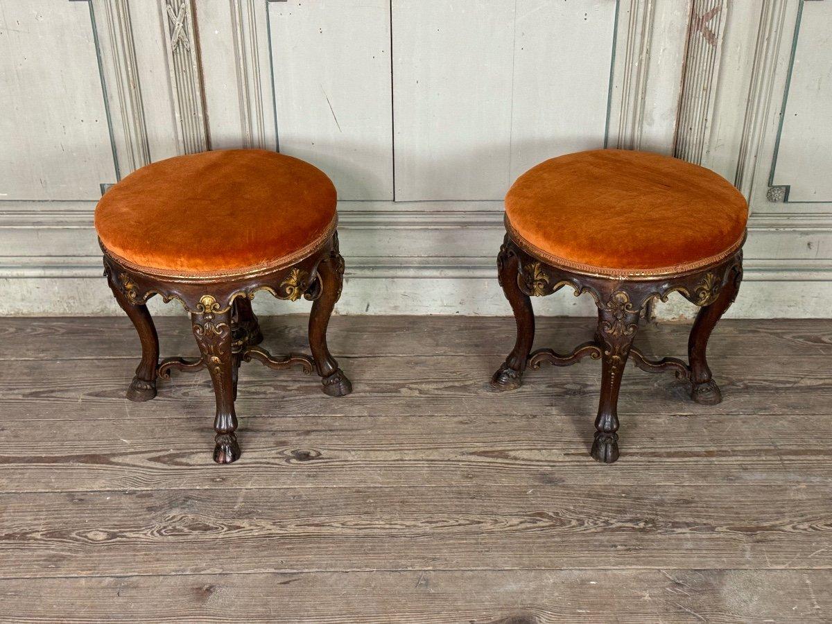 19th Century Pair of carved wooden stools, circa 1900, marked F. Morin, Florence
